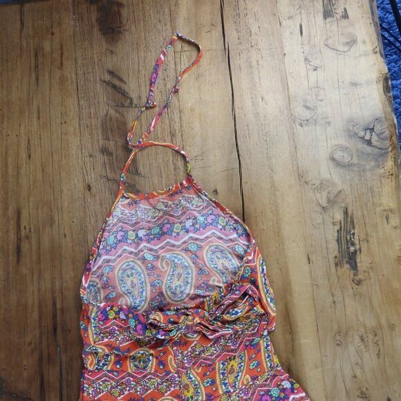 ARDEN FURTADO ORANGE FLORAL HALTER HIGH NECK ROMPER SIZE MEDIUM - Picture 7 of 9